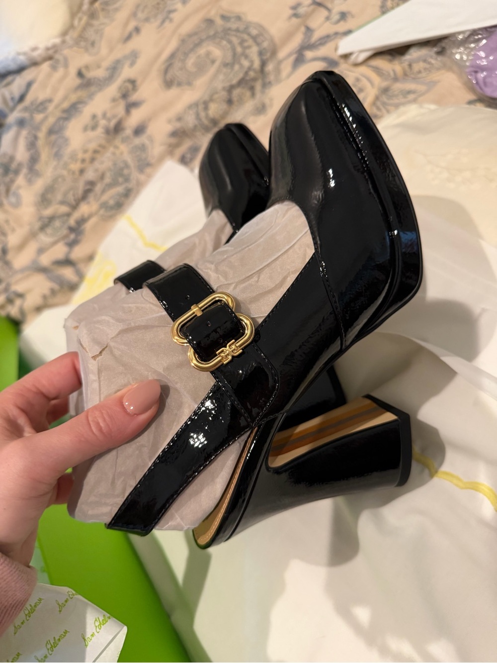 Sam Edelman Black Patent Mary Jane Block Heels with Gold Buckle Accent BNIB - Picture 2 of 6
